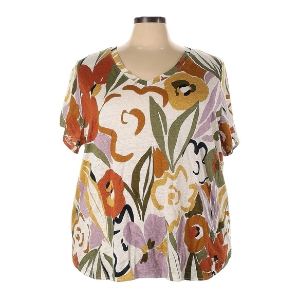 Rachel Zoe 100% Linen Floral Print Boho Short Sleeve Tee Size 3X NWT V-neck - Picture 1 of 8